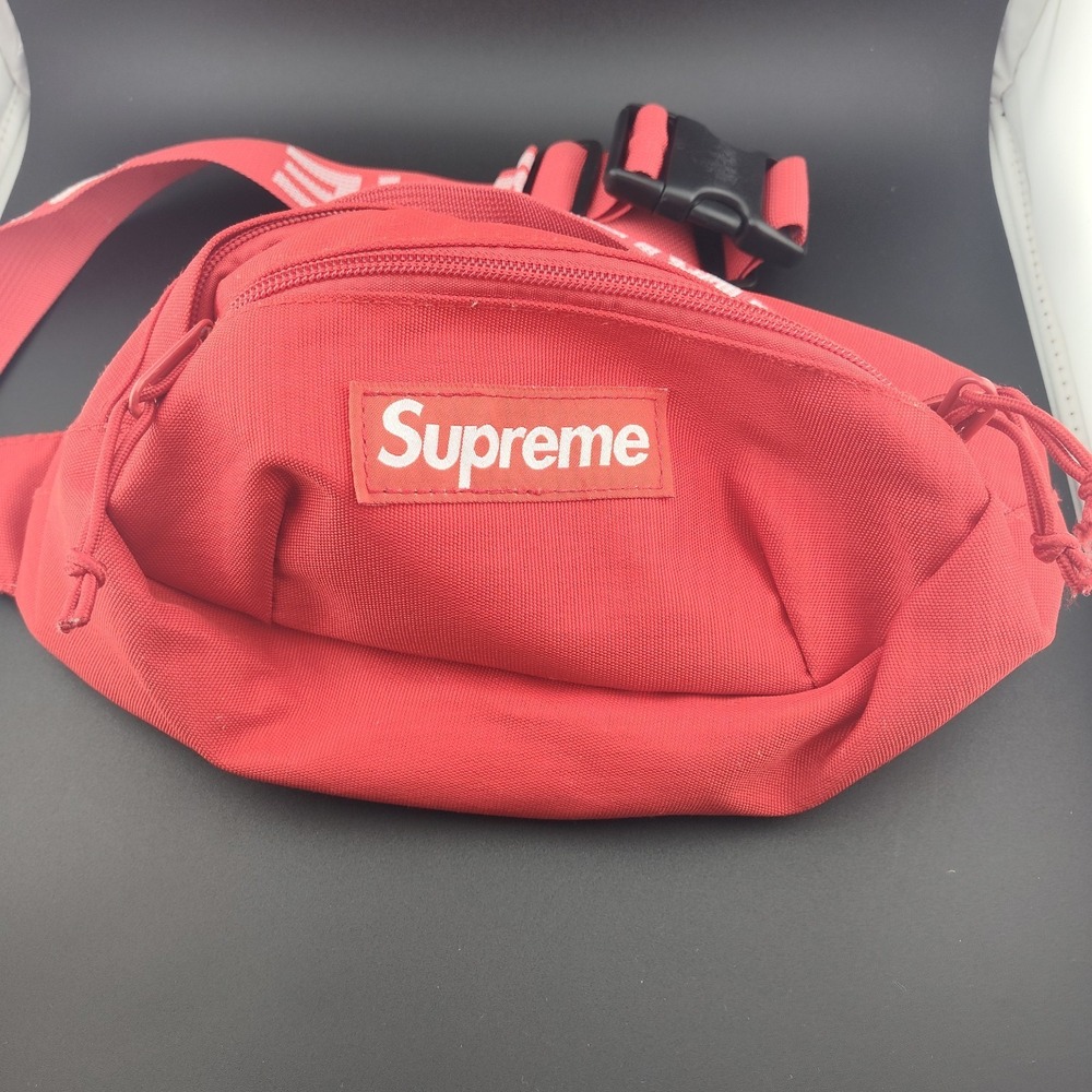 Supreme waist fanny pack adjustable safety travel red tourist bag logo pre loved